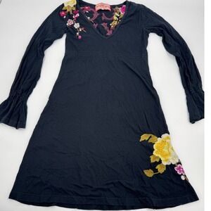 JWLA Johnny Was Black Embroidered Floral‎ Long Sleeve V Neck Mini Dress XS
